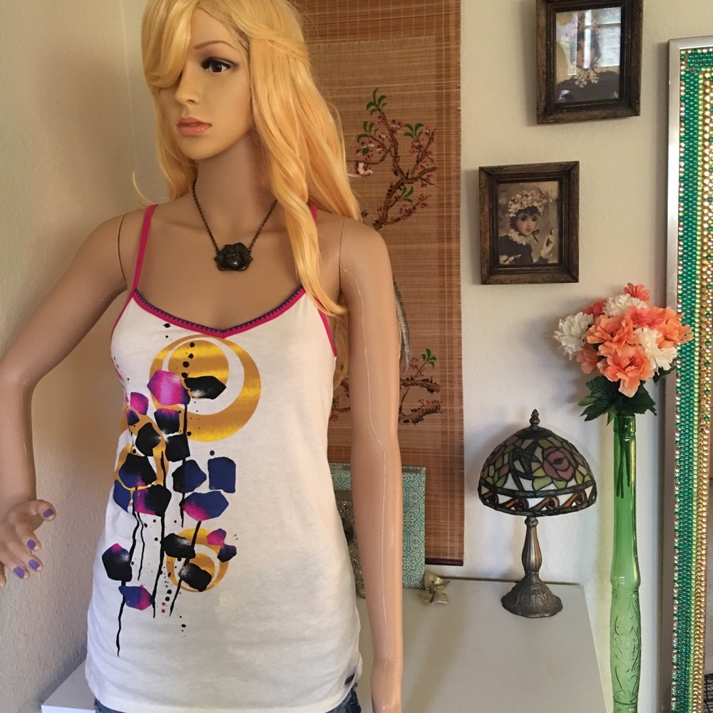 ROXY Racerback Tank Top White w Pink Yellow Blue